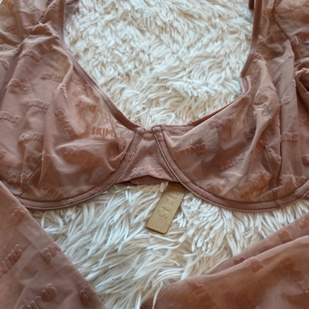 SKIMS After Hours Bra Top Long Sleeve Flocked Logo Mesh  ROSE CLAY 3X - Picture 3 of 13